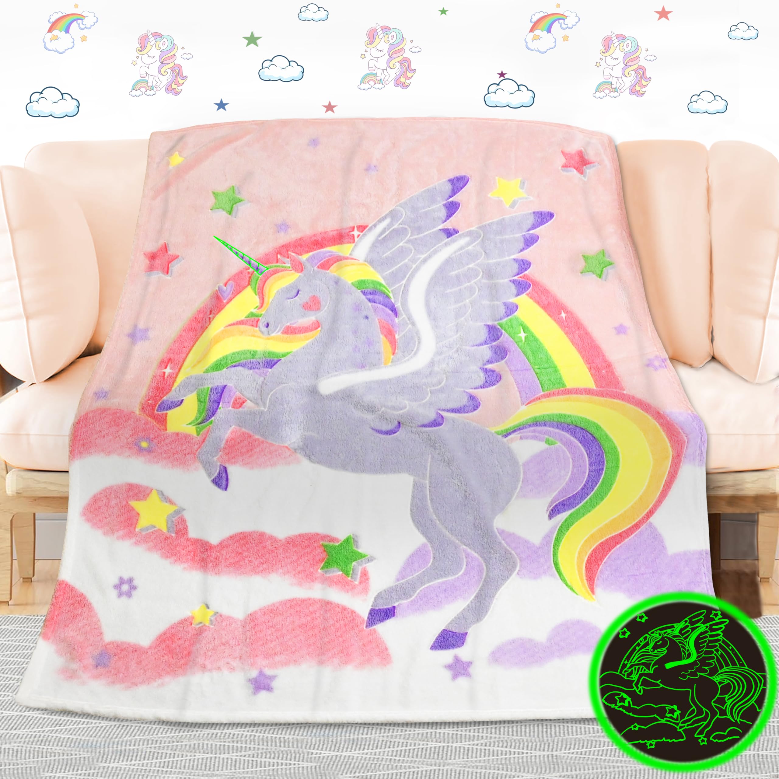 Unicorn Glow in The Dark Blanket for Girls Kids Soft Luminous Pink Unicorn Throw Blanket Birthday Gift for Age 1-15 Year Old Girls Room Decor Gift 50"x60"