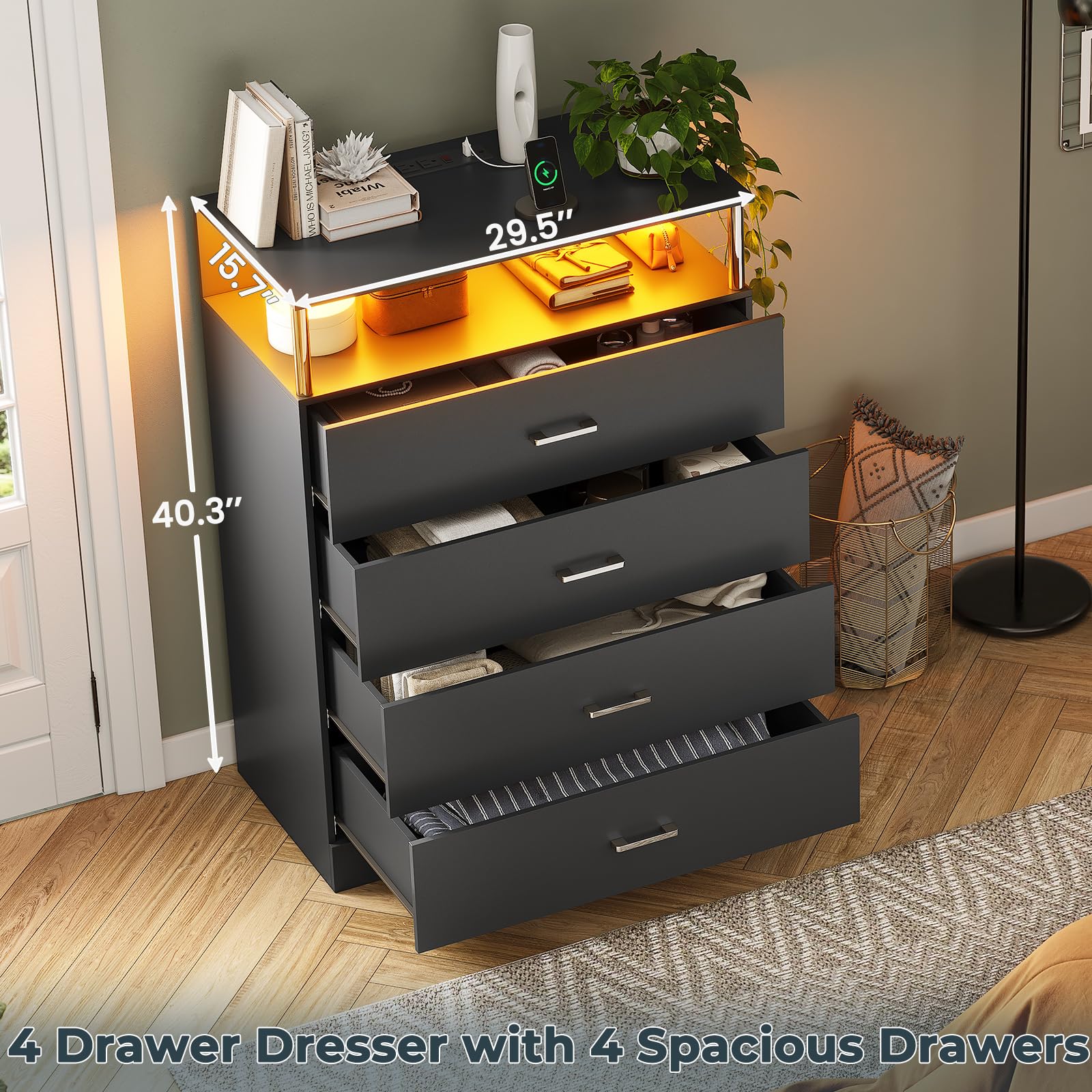 AOGLLATI Dresser for Bedroom with Column Design, 4 Drawer Dresser with Charging Station, Modern Bedroom Led Tall Black Dresser for Bedroom Closet