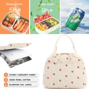 Bluboon Lunch Bag for Women Men Cute Corduroy Lunch Tote Bags Reusable Insulated Lunch Box Large Capacity Reusable Insulated Cooler for Work Picnic or Travel (Corduroy strawberry)