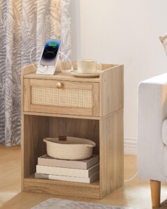 choezon nightstand with charging station, side table with rattan-style drawer and storage shelf, modern rattan night stand with 2 usb ports, boho end table bedside table for bedroom, natural mbz01uwo