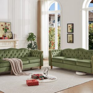 HITHOS 78" Velvet Sofa Couch, Soft 3 Seater Sofa Couche for Living Room, Button Tufted Comfy Couch Modern Sofa with Upholstered Cushion, Gold Trim, Solid Wood Legs for Dorm Bedroom Apartment, Green