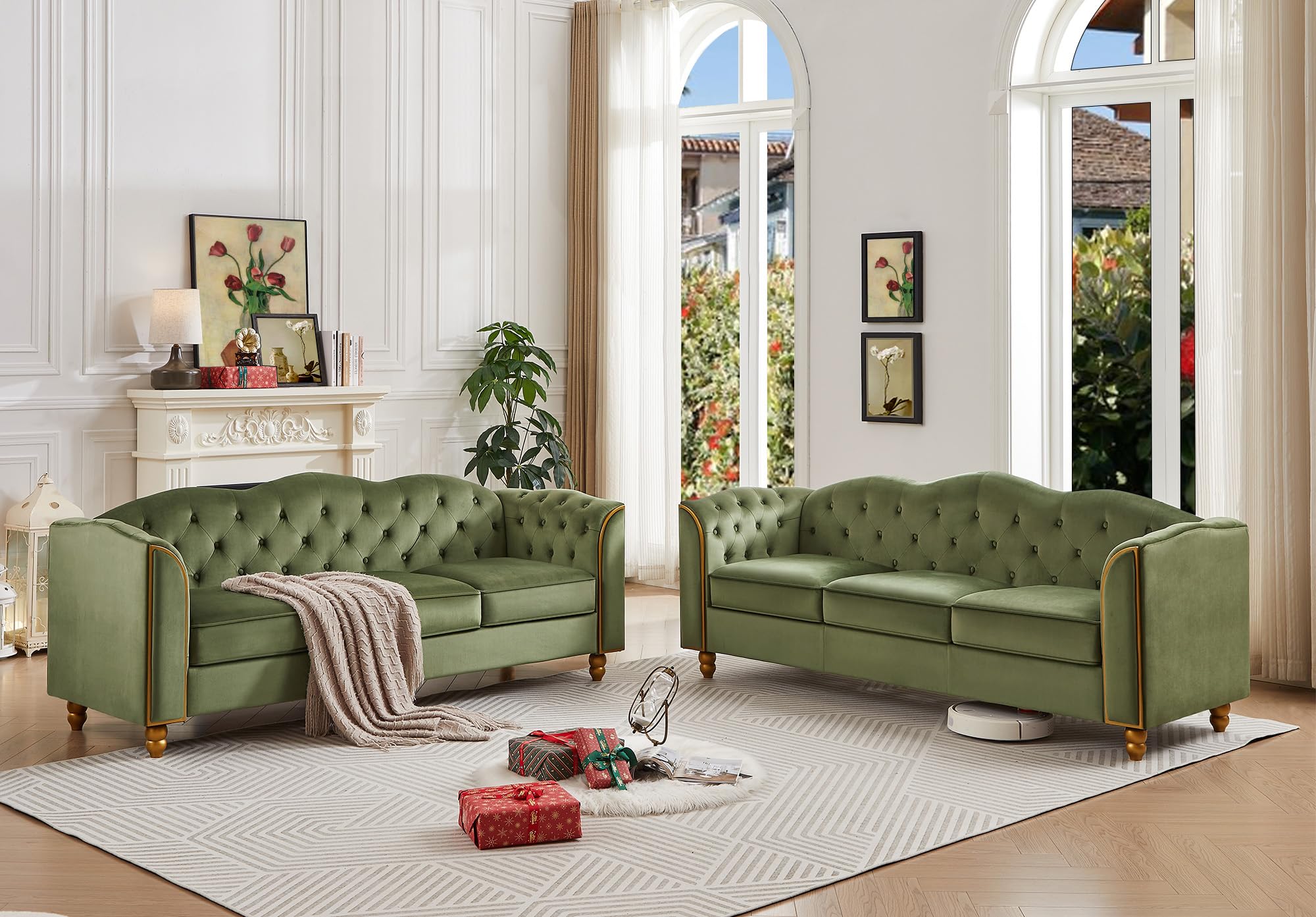 HITHOS 78" Velvet Sofa Couch, Soft 3 Seater Sofa Couche for Living Room, Button Tufted Comfy Couch Modern Sofa with Upholstered Cushion, Gold Trim, Solid Wood Legs for Dorm Bedroom Apartment, Green