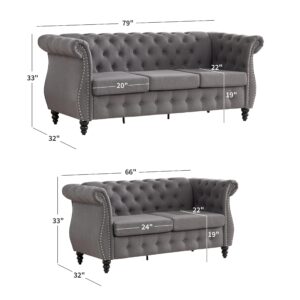 Tbfit Chesterfield 2 Piece Living Room Sectional Sofa Set with Rolled Arms, Classic Button Tufted Sofa with Nailhead Trim, Upholstered Chesterfield Couch with Gourd Wooden Legs, Bedroom, Grey