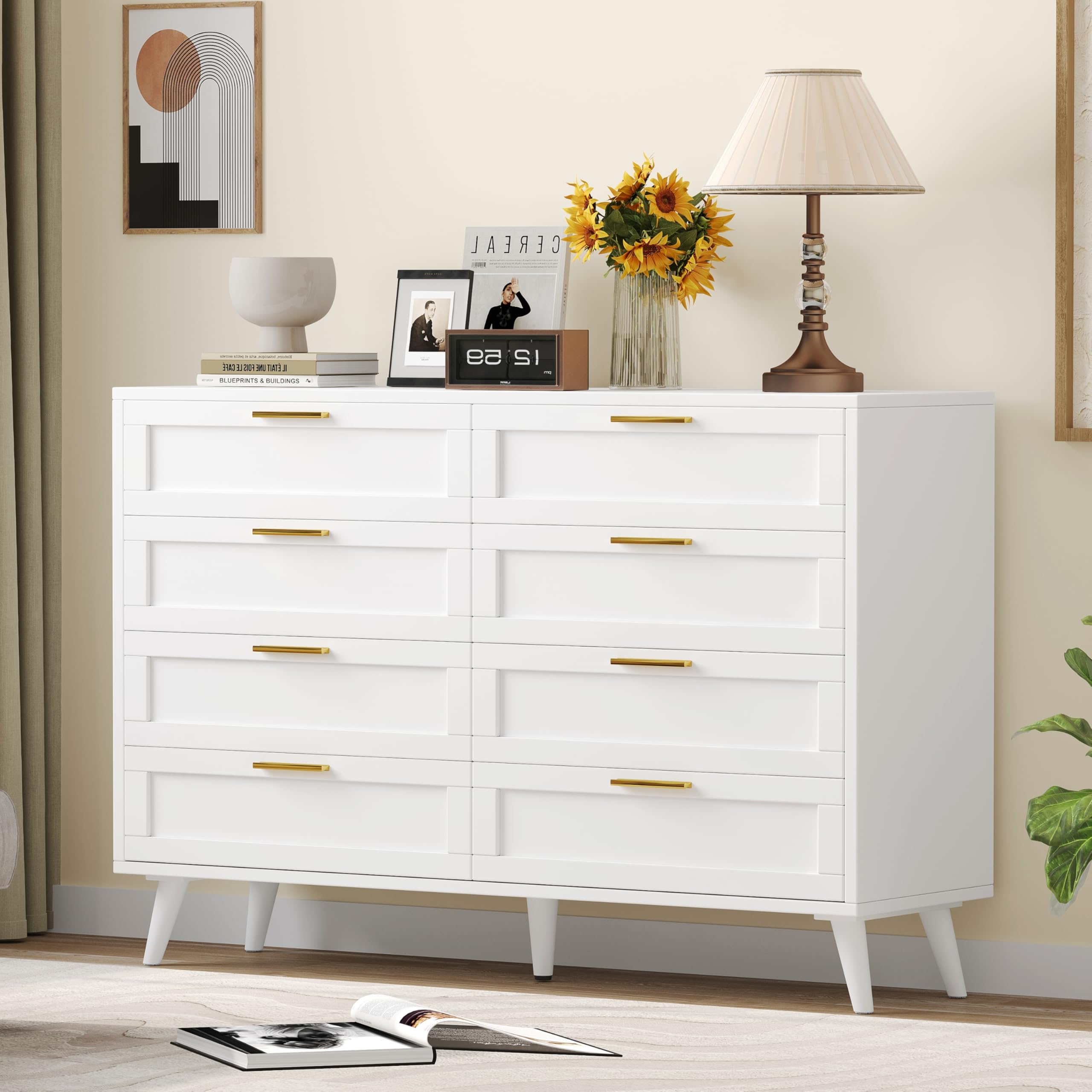 Rovaurx 8 Drawer Double Dresser for Bedroom, Chest of Dressers, Modern Wooden Dresser Chest with Golden Handles, Beside Table for Closet, Living Room and Entryway, White RDG003W