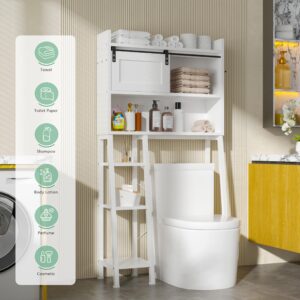 MU Over The Toilet Storage Cabinet with Sliding Door, 32.5" W Free Standing Toilet Shelf Space Saver with 3 Side Hooks & Anti-Tip Design, Space-Saving Toilet Rack for Bathroom, Laundry, White