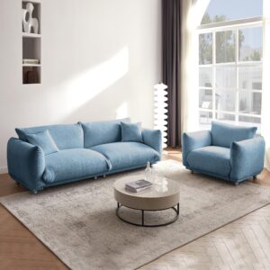 RXRRXY 85'' Modern Cloud Fluffy Loveseat Sofa Couch, Upholstered Deep Seat Love Seat with Thick Cushion, 3 Seater Comfy Boucle Couch with 2 Pillows & Metal Legs for Living Room, Office (Blue)