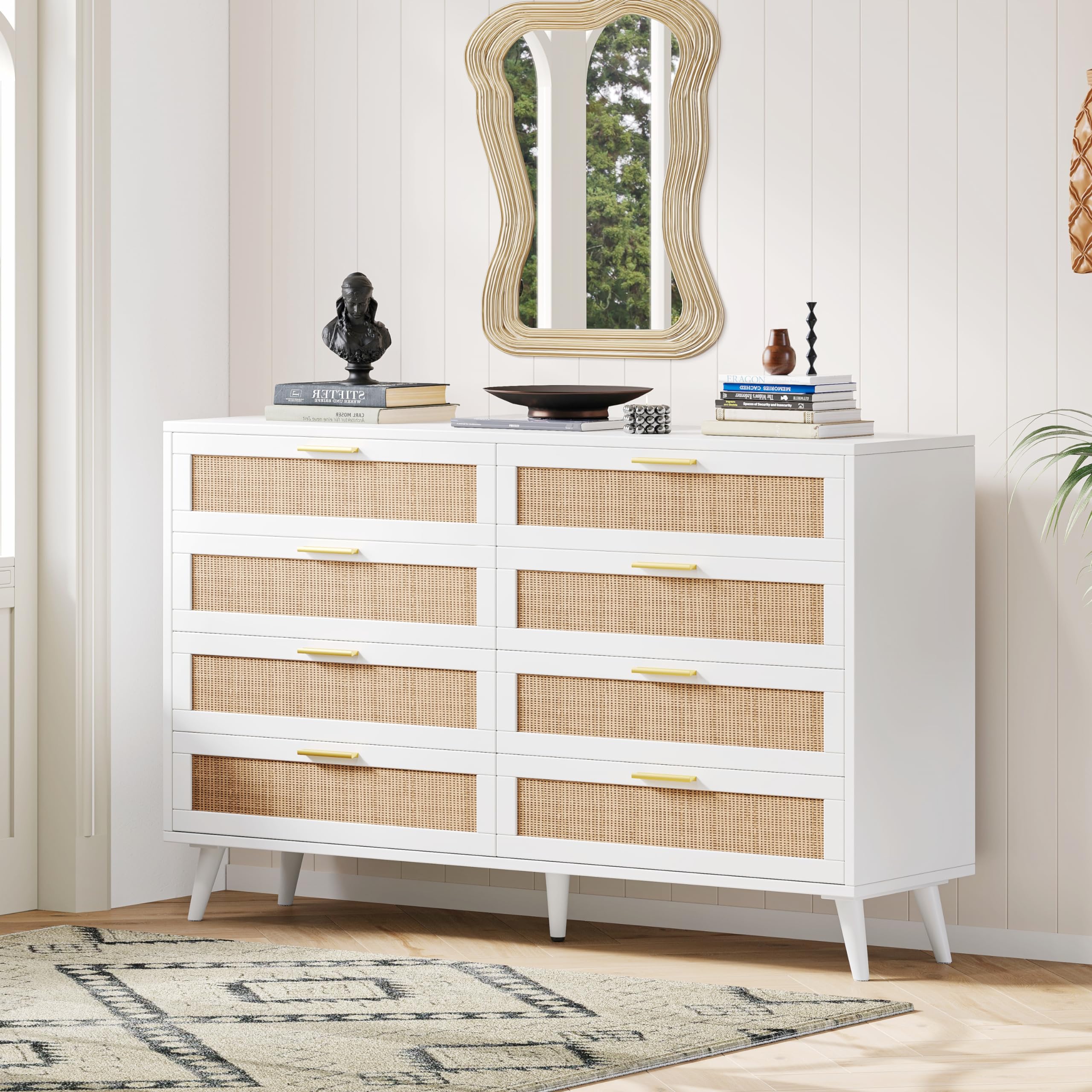 Rovaurx 8 Drawer Double Dresser for Bedroom, Rattan Chest of Dressers, Modern Wooden Dresser Chest with Golden Handles, Beside Table for Closet, Living Room and Entryway, White and Natural