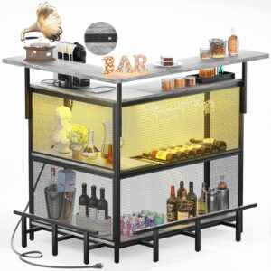 hyomdeck l shaped home bar with power outlet & led light, corner bar cabinet with footrest, liquor cabinet with wine glass rack, coffee bar table with storage for home kitchen, dining room, light oak