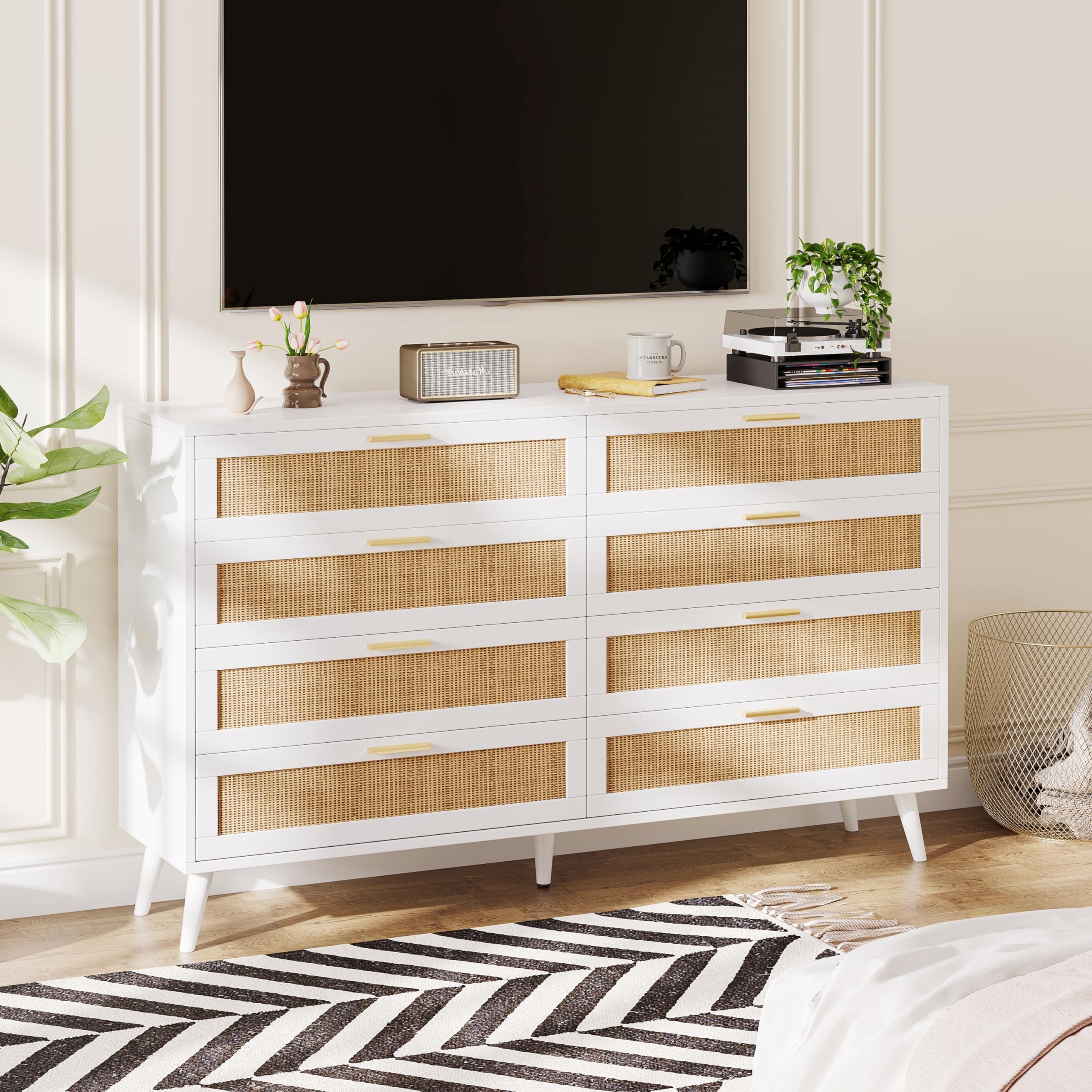 Rovaurx 8 Drawer Double Dresser for Bedroom, Rattan Chest of Dressers, Modern Wooden Dresser Chest with Golden Handles, Beside Table for Closet, Living Room and Entryway, White and Natural