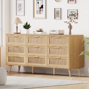 Rovaurx 9 Drawer Double Dresser for Bedroom, Rattan Chest of Dressers, Modern Wooden Dresser Chest with Golden Handles, Beside Table for Closet, Living Room and Entryway, Natural