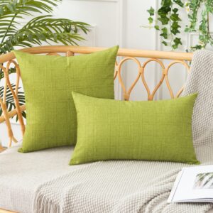 UGASA Outdoor Throw Pillow Covers Pack of 2 Plaid Texture Waterproof Farmhouse Linen Decorative Square Cushion Pillows Covers for Patio Porch Outside Yard Garden Bench 18x18 Inch, Green