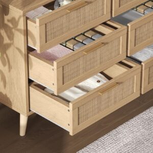 Rovaurx 9 Drawer Double Dresser for Bedroom, Rattan Chest of Dressers, Modern Wooden Dresser Chest with Golden Handles, Beside Table for Closet, Living Room and Entryway, Natural