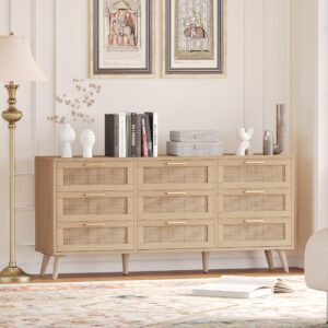 Rovaurx 9 Drawer Double Dresser for Bedroom, Rattan Chest of Dressers, Modern Wooden Dresser Chest with Golden Handles, Beside Table for Closet, Living Room and Entryway, Natural