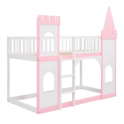 BOVZA Castle Bed Kids Bunk Bed Twin Over Twin with Ladder and Safety Guardrails for Girls Boys, Pink