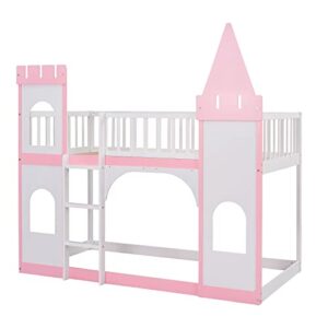 BOVZA Castle Bed Kids Bunk Bed Twin Over Twin with Ladder and Safety Guardrails for Girls Boys, Pink