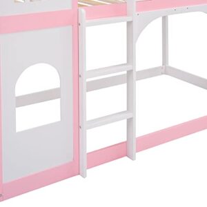 BOVZA Castle Bed Kids Bunk Bed Twin Over Twin with Ladder and Safety Guardrails for Girls Boys, Pink