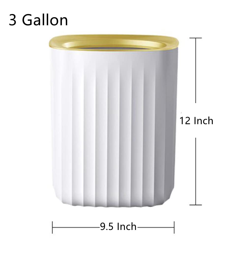 JEIMALEN Plastic Trash Can 3 Gallon Small Wastebasket Slim Garbage Can Rectangle Modern Trash Can for Kitchen, Bathroom, Bedroom, Home Office, Outdoor, Dorm Room (White-Gold)