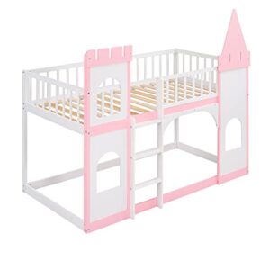 BOVZA Castle Bed Kids Bunk Bed Twin Over Twin with Ladder and Safety Guardrails for Girls Boys, Pink