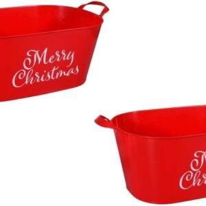 Merry Christmas Red Oval Bucket with Handle Sentiment Plastic Buckets Handles Gifts Gift Baskets Storage Containers Party Favor Holiday Decorations 2 Pack