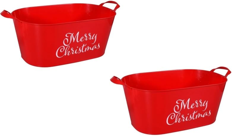 Merry Christmas Red Oval Bucket with Handle Sentiment Plastic Buckets Handles Gifts Gift Baskets Storage Containers Party Favor Holiday Decorations 2 Pack