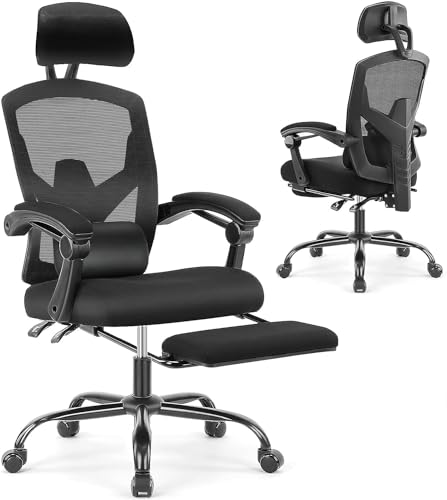 Ergonomic Office Chair with Footrest, Computer Desk Chair for Adults, High Back Mesh Rolling Swivel Reclining Chairs with Wheels Headrest Armrest, Black