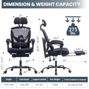 Ergonomic Office Chair with Footrest, Computer Desk Chair for Adults, High Back Mesh Rolling Swivel Reclining Chairs with Wheels Headrest Armrest, Black