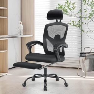 ergonomic office chair with footrest, computer desk chair for adults, high back mesh rolling swivel reclining chairs with wheels headrest armrest, black