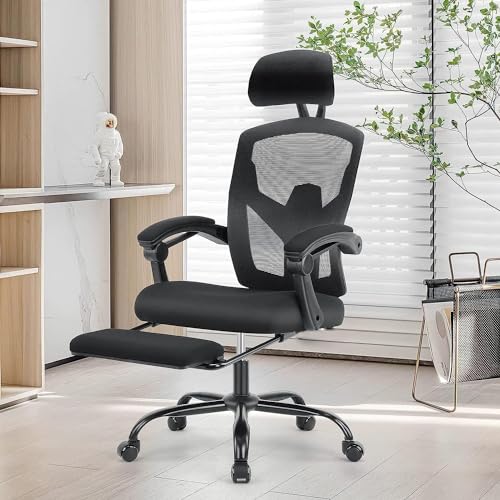 Ergonomic Office Chair with Footrest, Computer Desk Chair for Adults, High Back Mesh Rolling Swivel Reclining Chairs with Wheels Headrest Armrest, Black