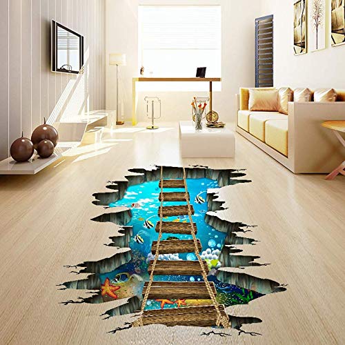 Quanhaigou 3D Floor Stickers,Sea World Fish Ocean Wooden Bridge PVC Art Wall Decal for Bathroom Living Room Nursery Bedroom Removable Decor