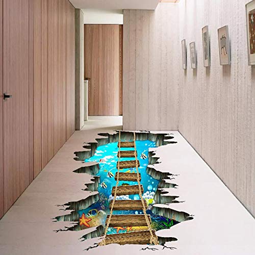 Quanhaigou 3D Floor Stickers,Sea World Fish Ocean Wooden Bridge PVC Art Wall Decal for Bathroom Living Room Nursery Bedroom Removable Decor