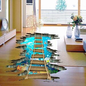 Quanhaigou 3D Floor Stickers,Sea World Fish Ocean Wooden Bridge PVC Art Wall Decal for Bathroom Living Room Nursery Bedroom Removable Decor