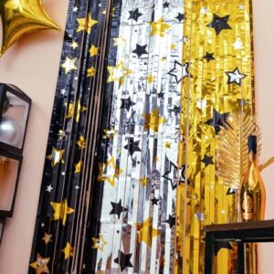 LOLStar New Years Decorations 2025 Black Silver Gold 2Packs Foil Fringe Curtains 3.3X6.6ft Each,Star Pattern is Perfect for New Years Eve Party Supplies,Black and Gold Happy Birthday Party Decorations