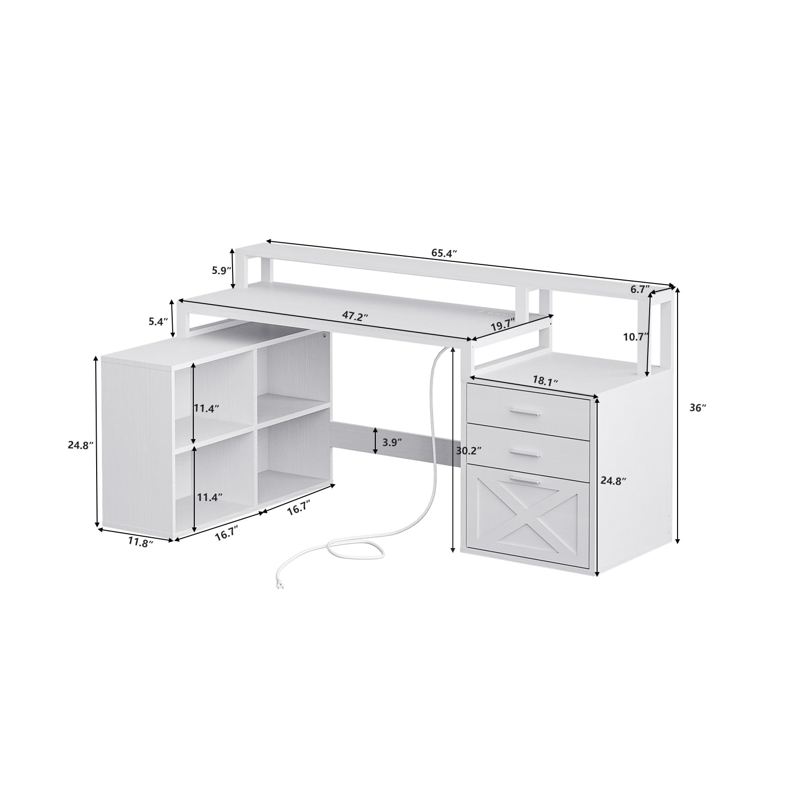 Vagaconl L-Shaped Desk, 65 Inch Computer Desk Corner Desk with Power Outlet with 3 Drawers and 4 Storage Shelves, Home Office Desk with Monitor Stand, LED Light Strip and File Cabinet, Printer Stand