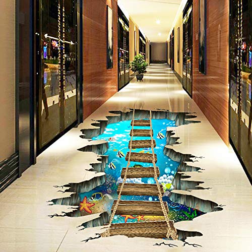 Quanhaigou 3D Floor Stickers,Sea World Fish Ocean Wooden Bridge PVC Art Wall Decal for Bathroom Living Room Nursery Bedroom Removable Decor