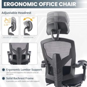 Ergonomic Office Chair with Footrest, Computer Desk Chair for Adults, High Back Mesh Rolling Swivel Reclining Chairs with Wheels Headrest Armrest, Black