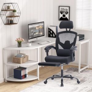 Ergonomic Office Chair with Footrest, Computer Desk Chair for Adults, High Back Mesh Rolling Swivel Reclining Chairs with Wheels Headrest Armrest, Black