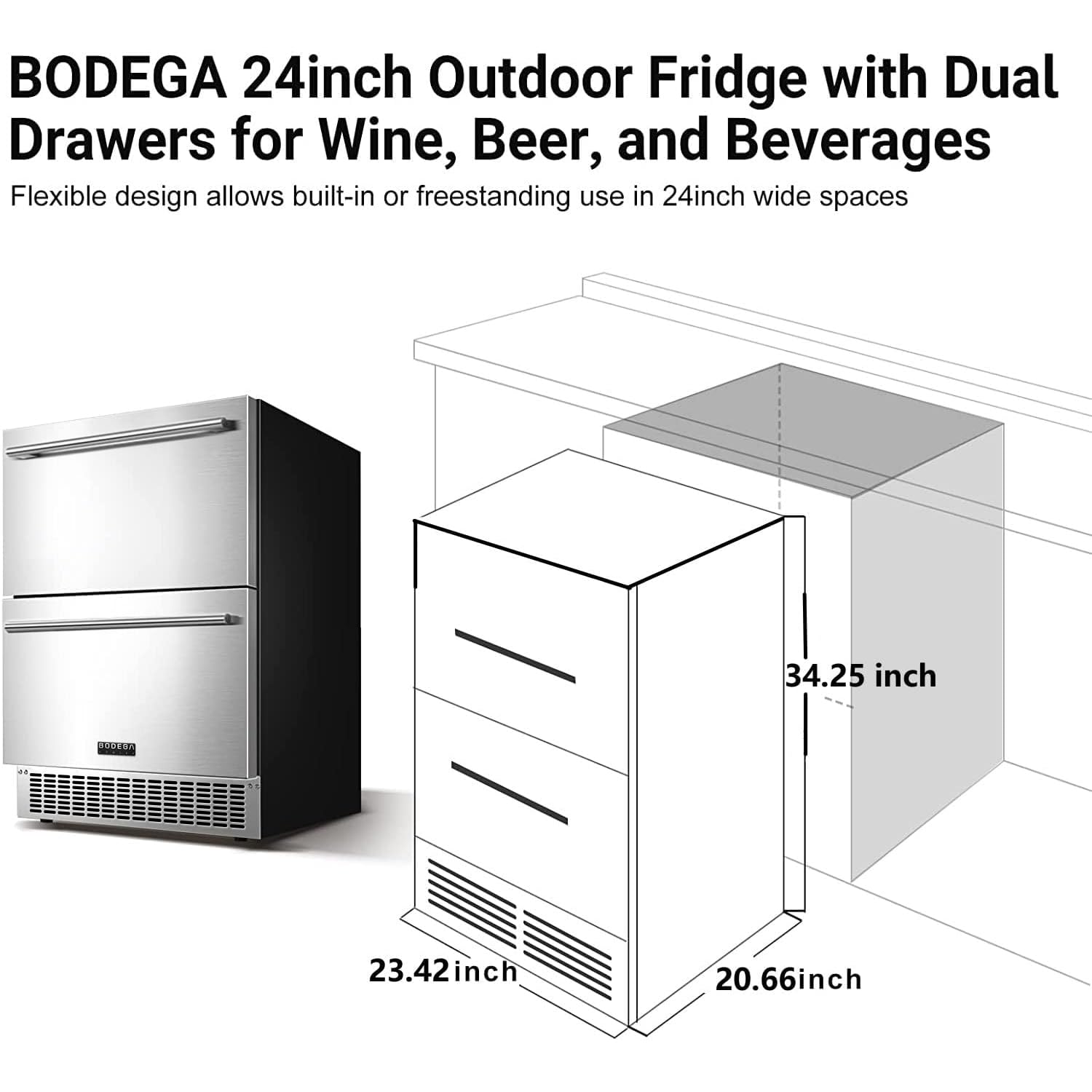 BODEGACOOLER 24 Inch Outdoor Beverage Refrigerator,Under Counter Double Drawer Fridge Stainless Steel,Built-in Outdoor Drawer Beverage Cooler for Soda Drink,Beer 149 Cans for Home,Commercial