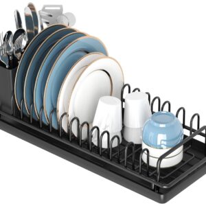 XYZLVSI Small Dish Drying Rack, Compact Dish Rack Sink Drying Rack with Silicone Mat, Dish Drainer Dish Organizer for Kitchen Counter & Over Sink, Stainless Steel, Black