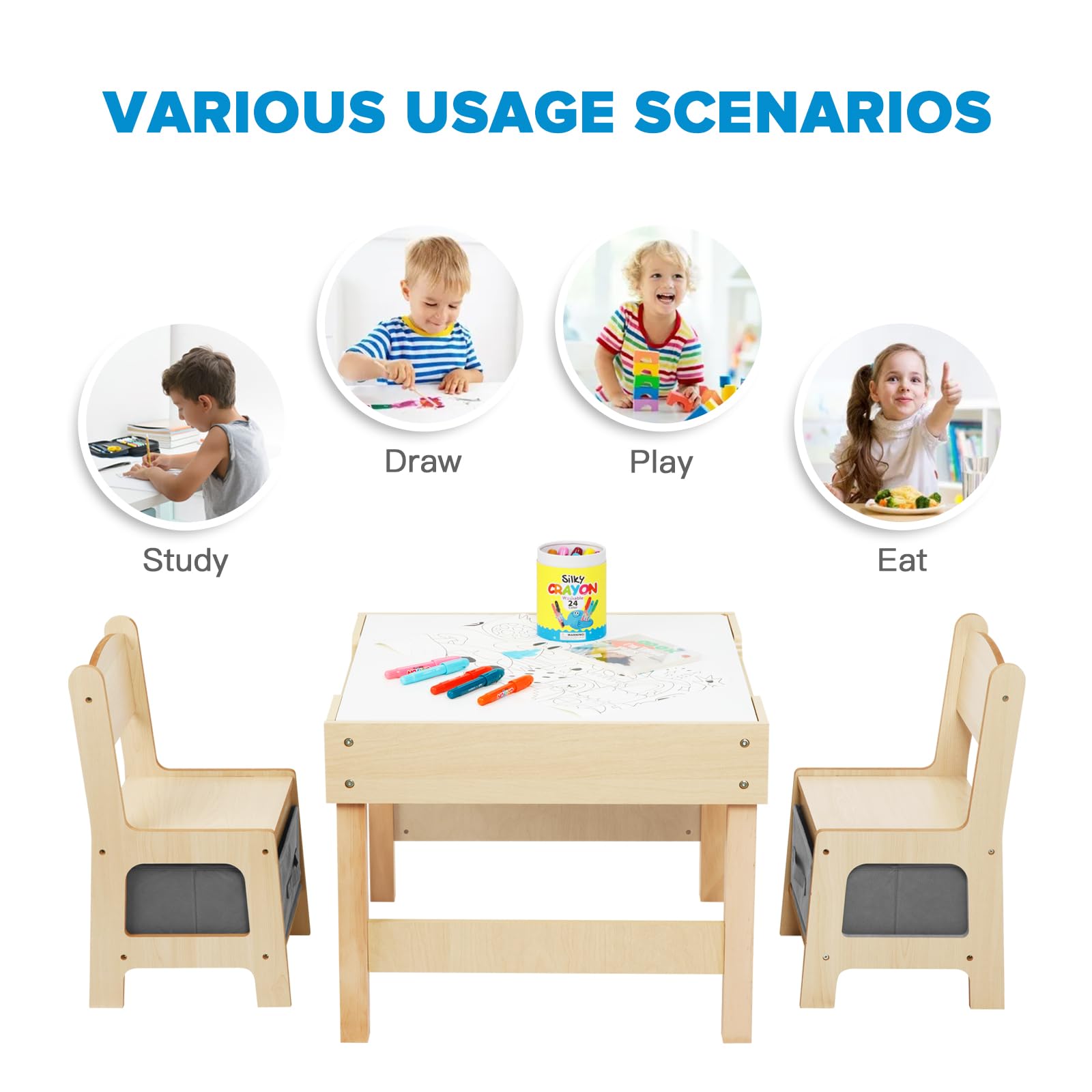 OOOK 3 in1 Toddler Table and Chair Set, Kids Table and Chairs Ages 3-7 with Versatile Tabletop and Storage Drawer, Kids Sensory Table for Home, Nursery and Playroom. Premium Gift for Boys and Girls.