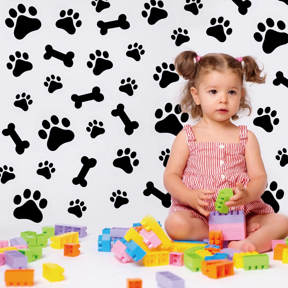 IUMLXJO 76PCS Dog Paws Wall Decals, Vinyl Stones Print Wall Stickers Decor Removable Footprint Mural Wallpaper Decoration for Kids Boys Girls Nursery Bedroom Living Room