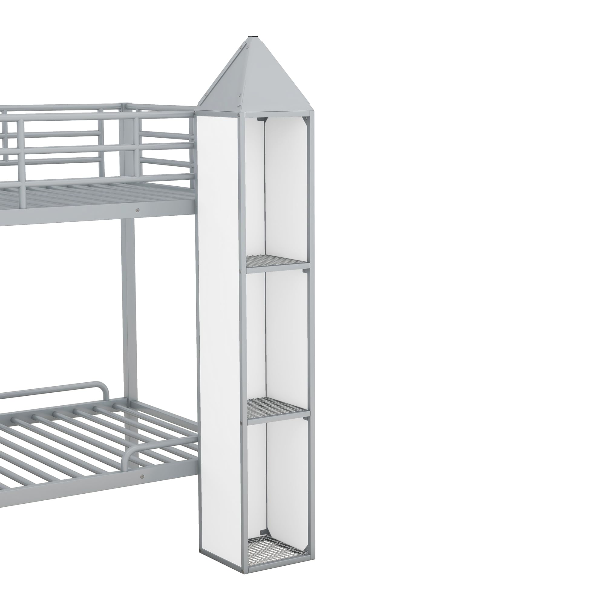 Favfurish Twin Over Twin Castle-Shaped Bunk Bed with Wardrobe,Open Storage cabinets,a Storage Staircase and guardrails,Metal Stairway BunkBed for Kids Boys/Girls/Teens,Gray+White