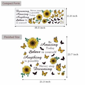 Inspirational Quote Wall Decals Sunflower Wall Stickers Removable Positive Saying Wall Lettering Stickers Peel and Stick for Classroom Home Bedroom Family Office Wall Art Decor