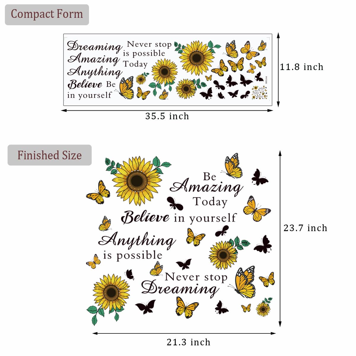 Inspirational Quote Wall Decals Sunflower Wall Stickers Removable Positive Saying Wall Lettering Stickers Peel and Stick for Classroom Home Bedroom Family Office Wall Art Decor