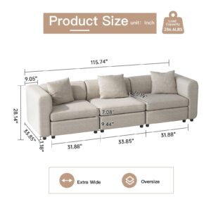 Miuuod 3 Seaters Extra Large Sectional Sofa for Living Room,3 Seats for Small Room,Broad Seater Convertible Couch,Soft Sofa Bed,Oversized Deep Seat Retro Couche, Sofa for Bedroom Beige