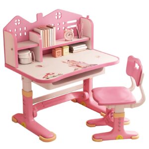 nereids net kids desk chair set,small desk,standing desk, desk chair set widened children desktop height adjustable school study desk with castle backboard,bookstand and storage drawer pink