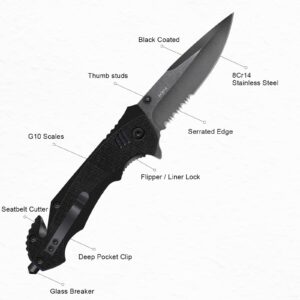 EMHTiii Multitool Folding Pocket Knife with Seatbelt Cutter and Window Glass Breaker - 3.54" Sreated Blade, G10 Scales, Survival Knives for Rescue, EDC Gifts for Men, Black