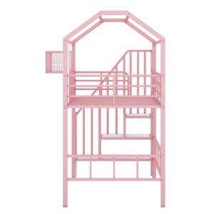 Unique Metal Twin Size House Loft Bed with Roof,Storage Stairs and a Storage Box,for Kids Girls Boys Teens Adults Bedroom Use (Pink@Stairs, Twin)