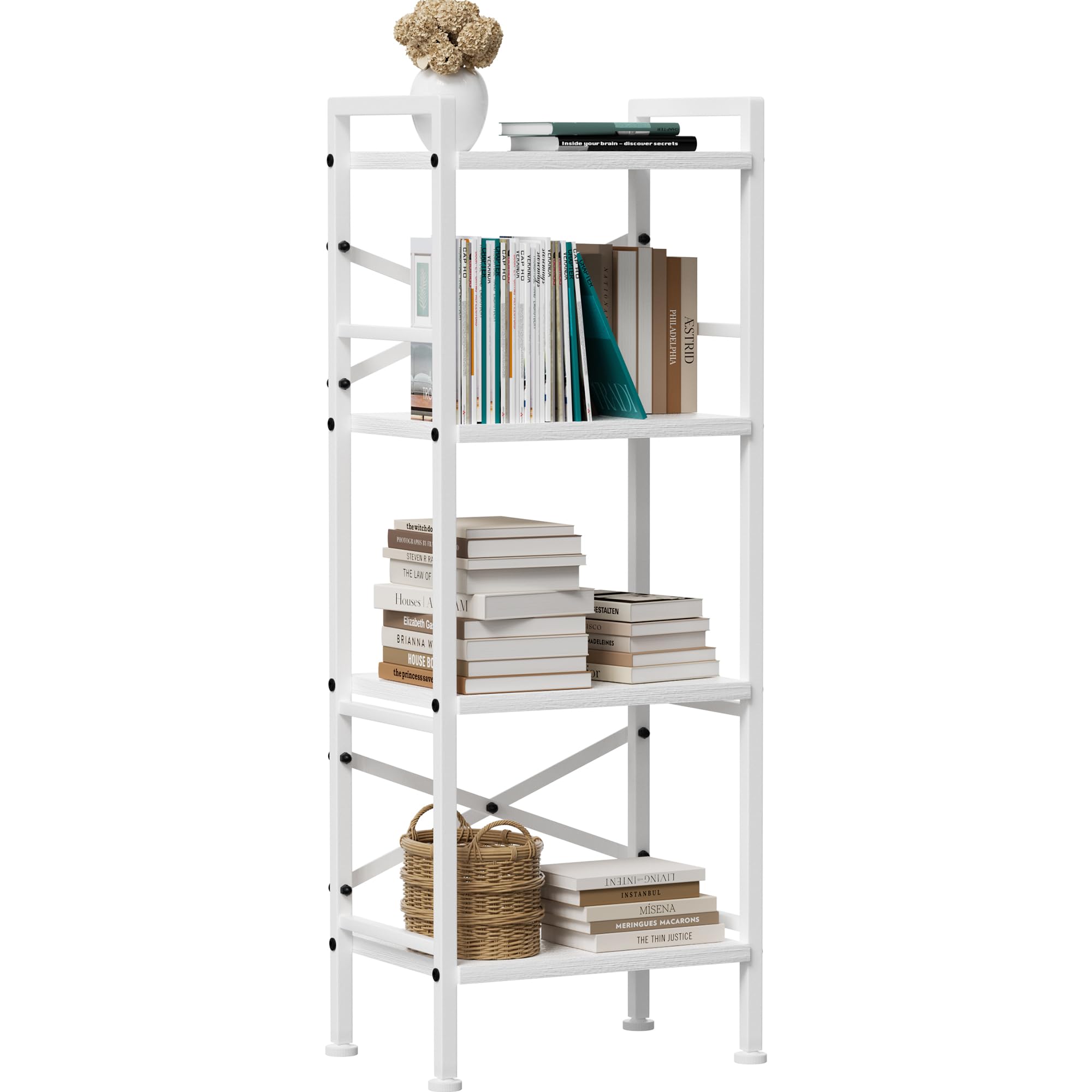 GIOTORENT 4 Tier Book Shelf, Small Bookshelf Storage Organizer, Tall Narrow Bookcase with Storage Shelves, Wooden Industrial Office Shelves for Bedroom, Living Room, White