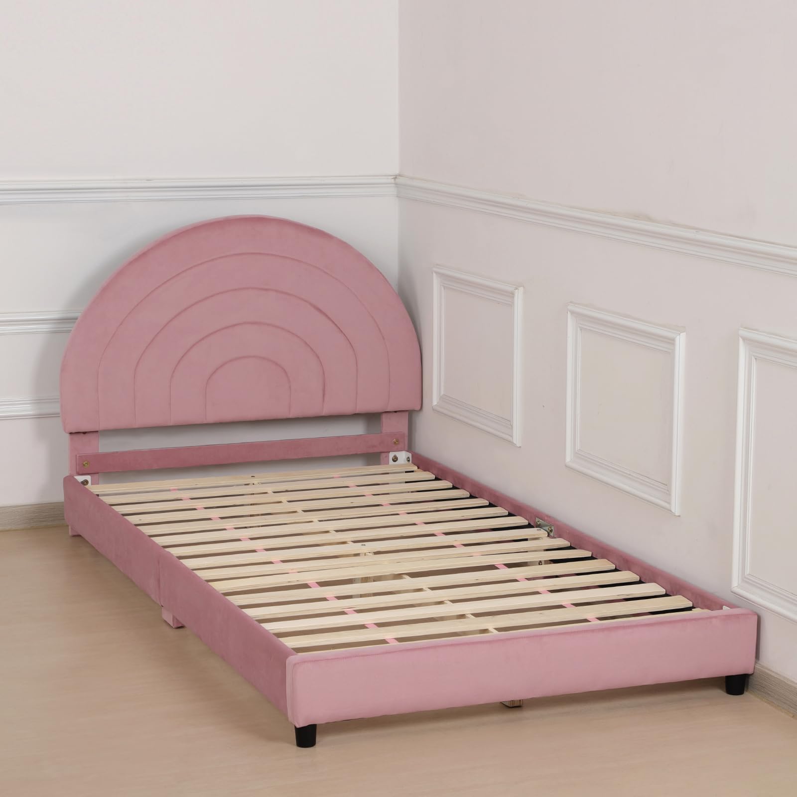 AFBKSS&BB Kids Twin Bed Frame, Teenager Bed, Rainbow Children's Bed with Adjustable Height Bed Head, Children's Home Sleeping Bed, Toddler Upholstered Twin Bed (Pink)