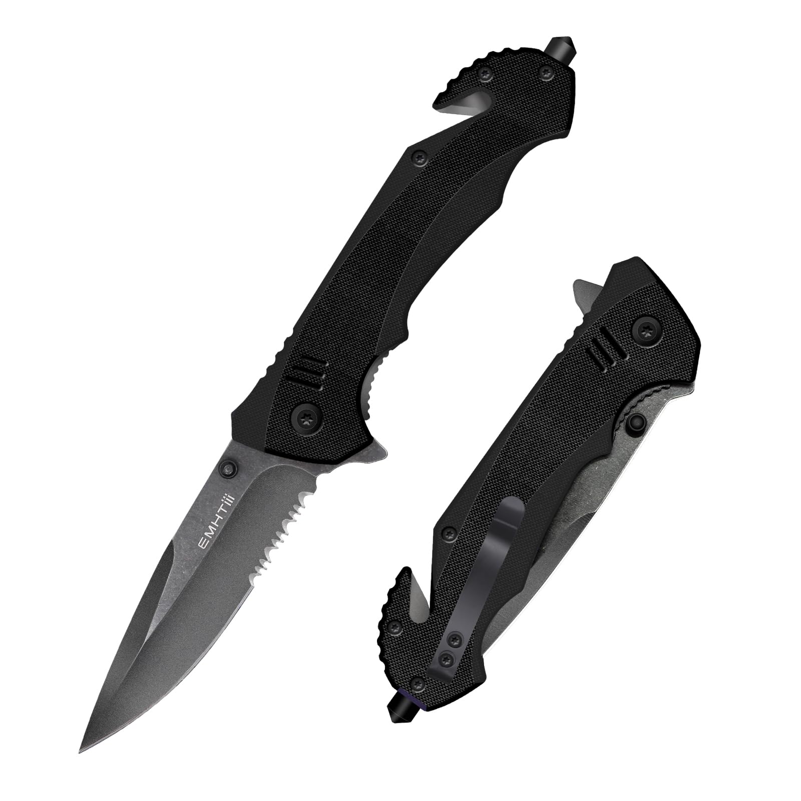 EMHTiii Multitool Folding Pocket Knife with Seatbelt Cutter and Window Glass Breaker - 3.54" Sreated Blade, G10 Scales, Survival Knives for Rescue, EDC Gifts for Men, Black